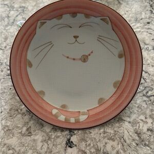 Maneki Neko Happy Fat Cat shallow Bowl Porcelain white cat Pink Rim.